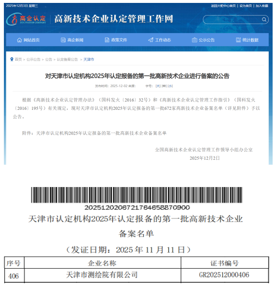 喜報！天津測繪院成功通過國家高新技術(shù)企業(yè)認(rèn)定并備案公告